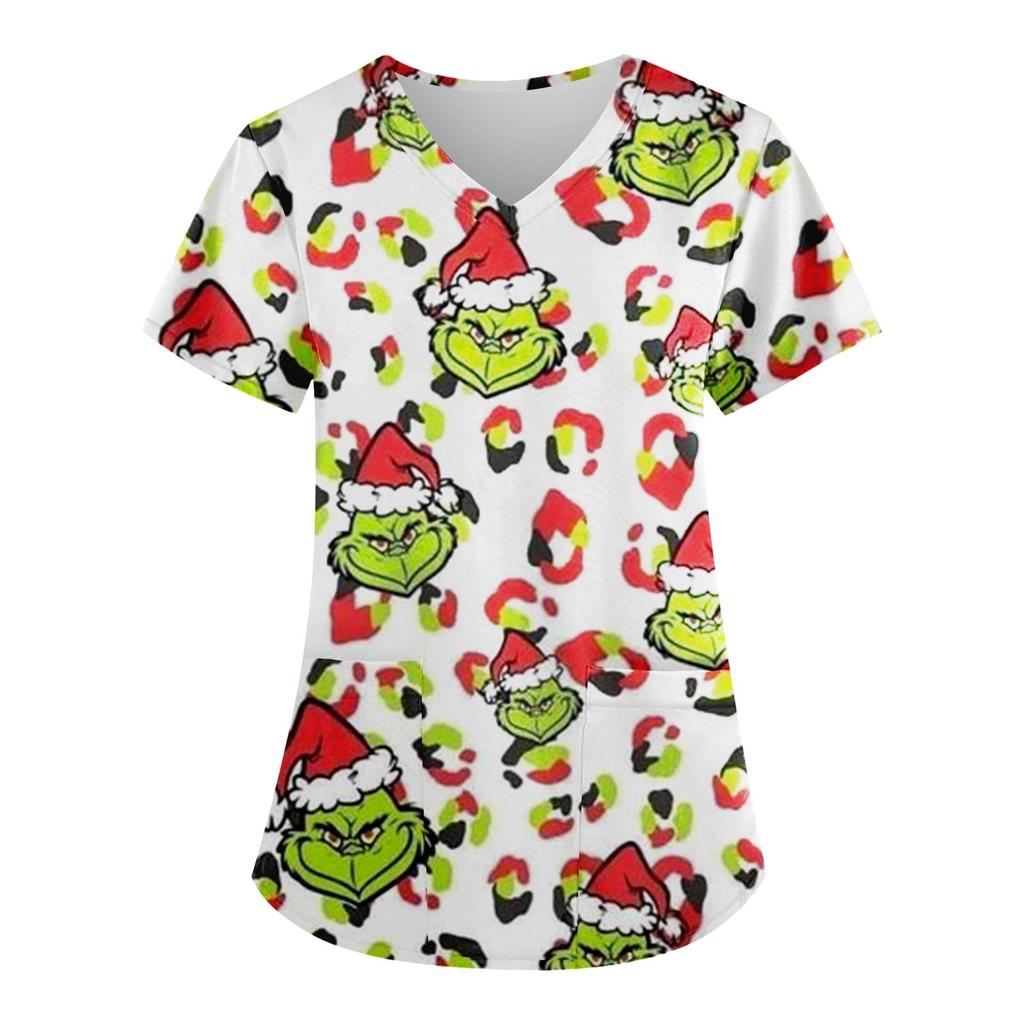 Женские модные топы с короткими рукавами и V-образным вырезом с принтом, рабочие футболки с карманами