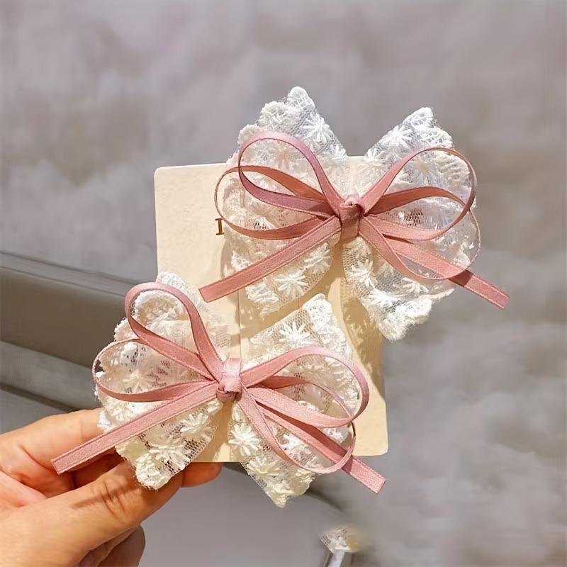 2Pcs Women Fashion Ribbon Floral Design Travel Casual Hair Accessory Elegant Hair Clip Elegant Lace Bow Hairpins