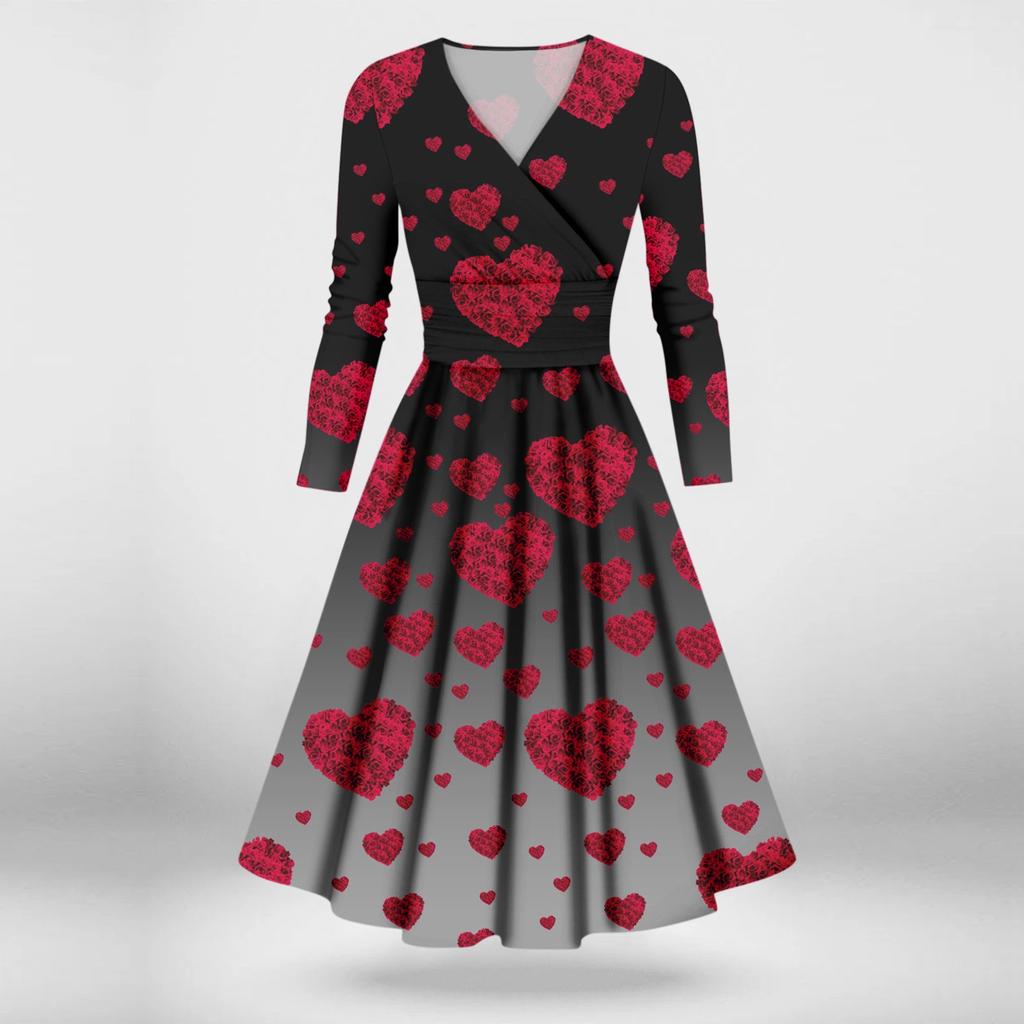 Женская мода повседневные платья на День святого Валентина с принтом, длинным рукавом и V-образным вырезом, сексуальные платья