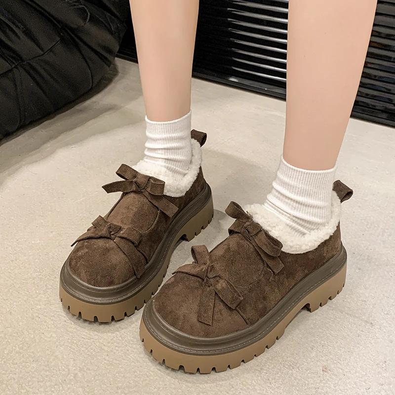 Меховые мокасины с бантом на платформе, женские замшевые туфли на плоской подошве из плюша и хлопка, брендовая зимняя теплая повседневная обувь для женщин 2025 года, тренд, удобные ботинки Mujer