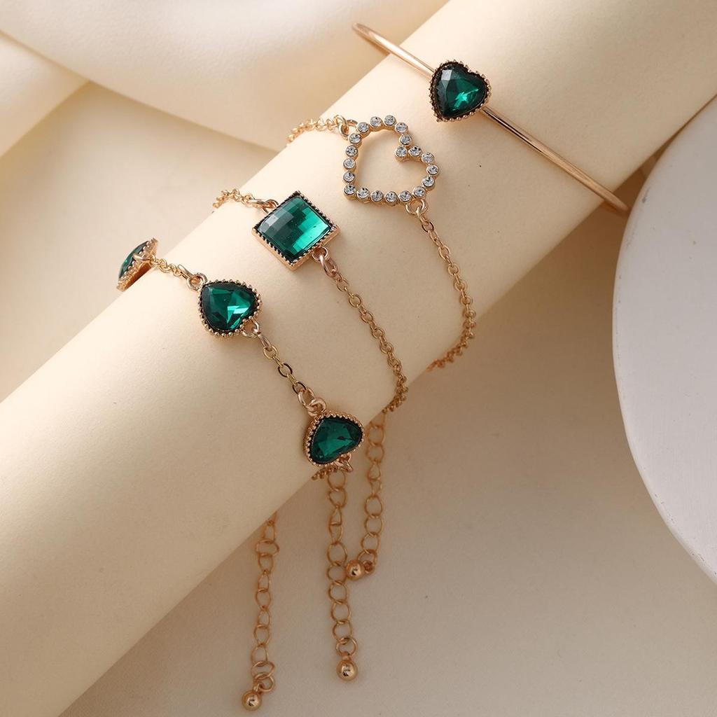 Elegant Emerald Zircon Bracelet Set: European & American Style, Simple Love Light Luxury, 4-Piece, with Shining Square Design