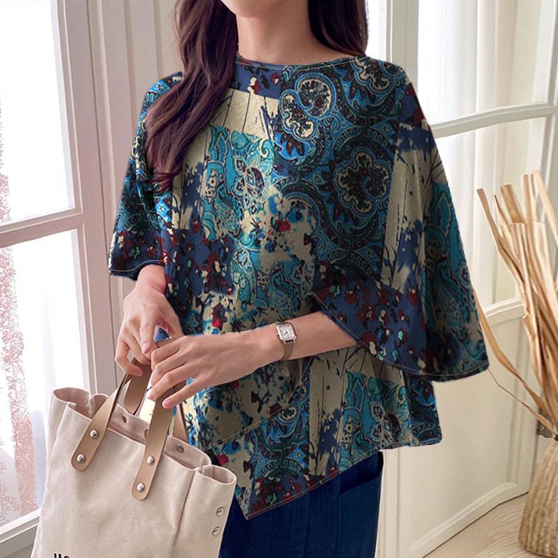 ZANZEA Женская повседневная хлопковая блузка с круглым вырезом и рукавом «летучая мышь» с этническим принтом