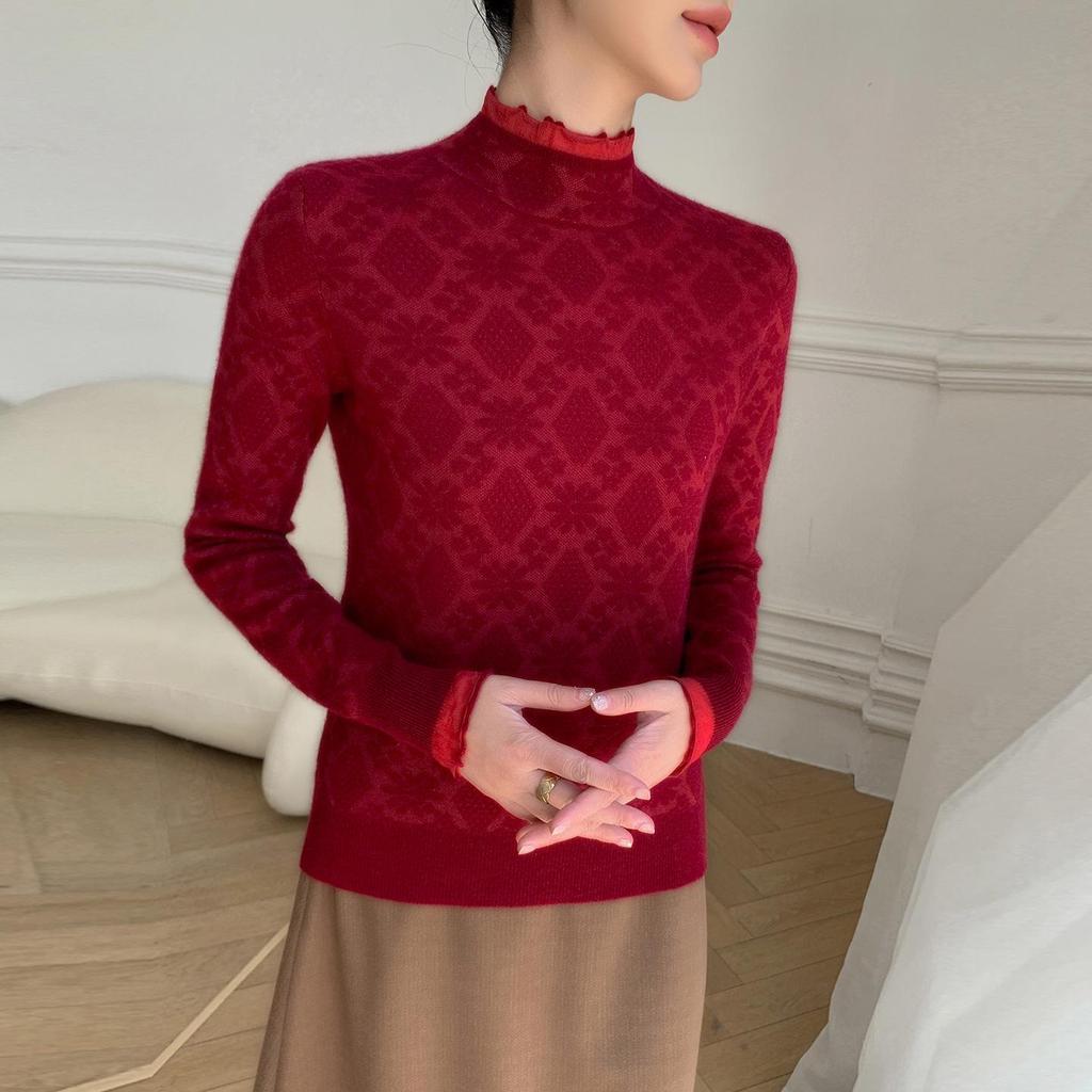 High-End Women's Cashmere Knit Lace Top - Long Sleeve, Half High Collar, Mesh Base Layer for Spring & Autumn