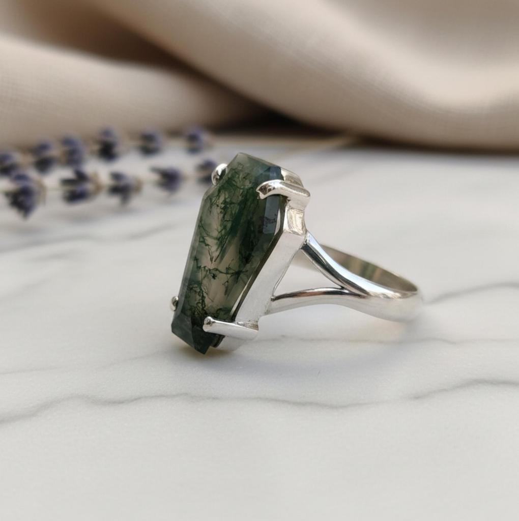Кольцо в гробу, кольцо с моховым агатом, кольцо из стерлингового серебра 925 пробы, кольцо в стиле бохо, ювелирные изделия ручной работы, кольцо с драгоценным камнем в виде гроба с моховым агатом, подарок для нее