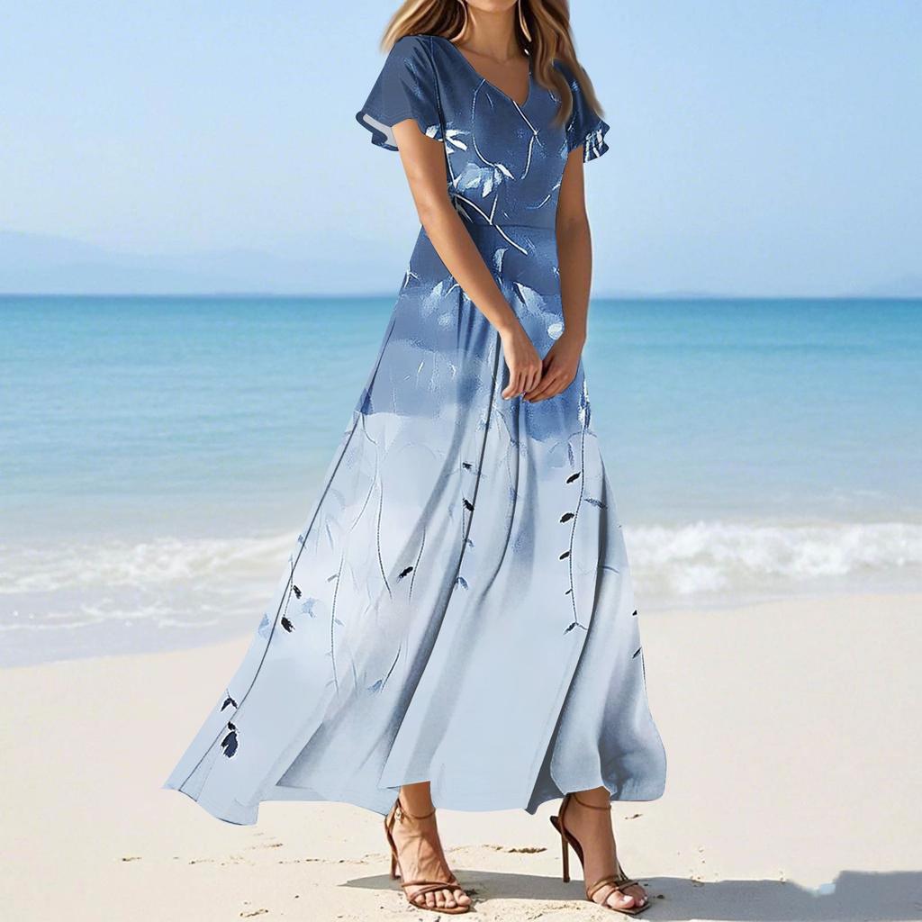 Women's Casual Fashion Print Long Dresses V-Neck Short Sleeve Dresses