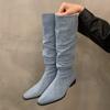 Высокие сапоги с острым носком, женские, на среднем каблуке, замшевые, массивные, хлопковые, женские, тренд 2024 года, готические, челси, высокие туфли-лодочки, туфли Botas Mujer