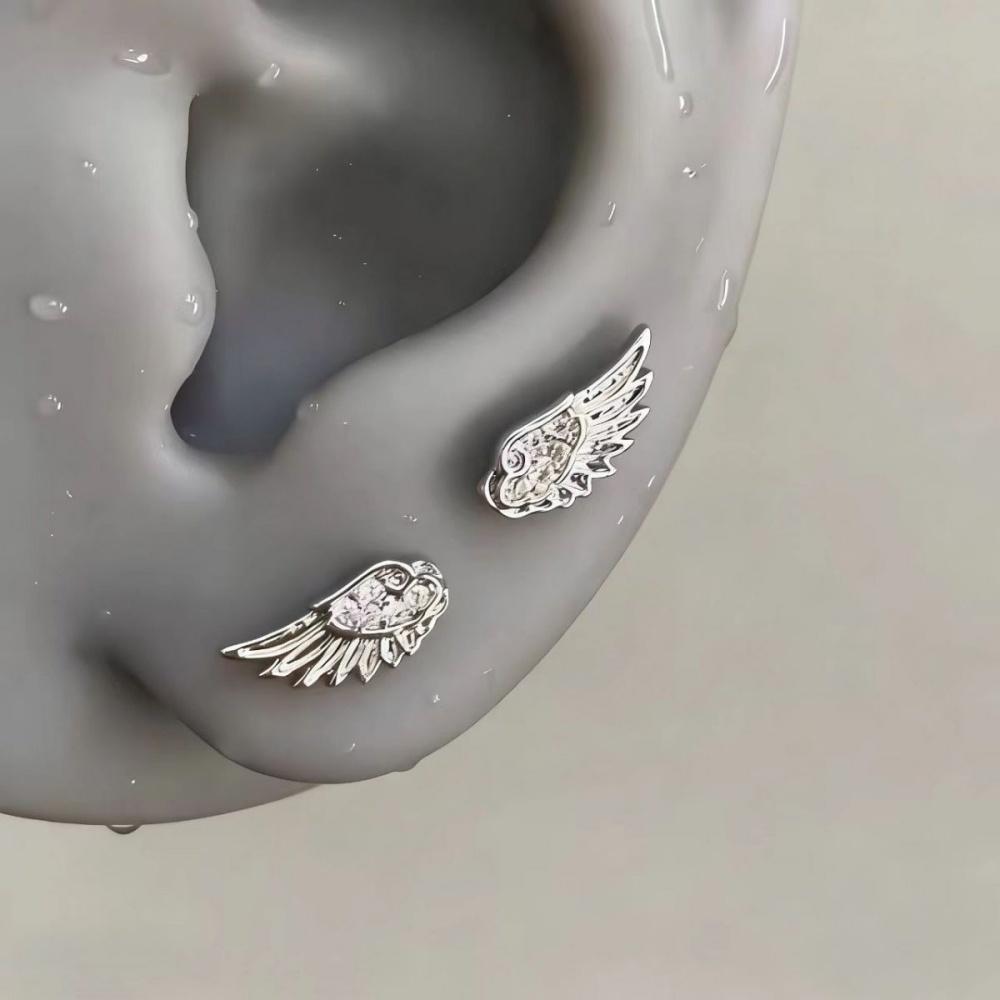 Stainless Steel Fashion Zircon Wing Stud Earrings for Women Man Silver Color Shiny Crystal Creative Angel Wings Studs Jewelry