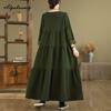 Large Size Spring Autumn Women Maxi Long Dress O Neck Green Baggy Denim Tiered Dress Layered Ruffles Vintage Ladies' Dresses