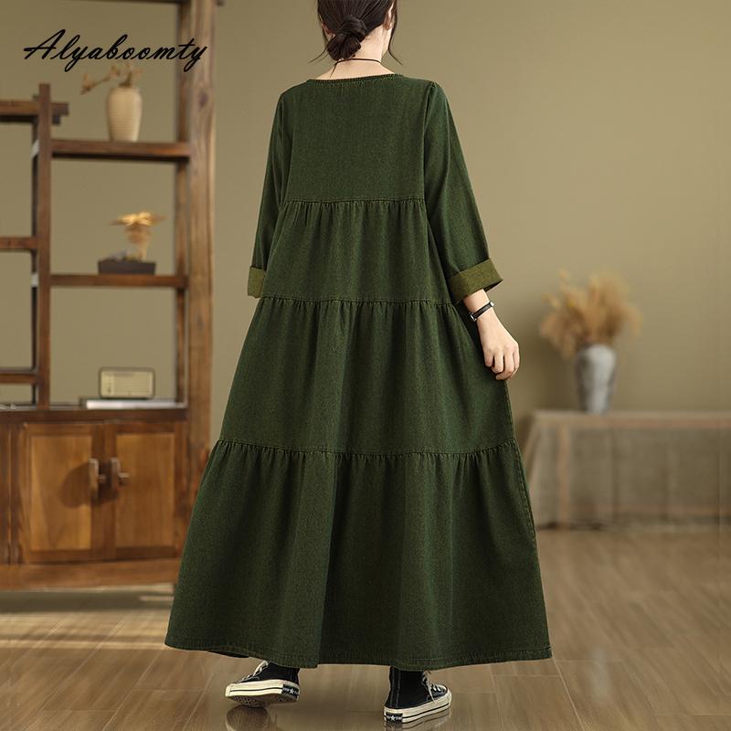 Large Size Spring Autumn Women Maxi Long Dress O Neck Green Baggy Denim Tiered Dress Layered Ruffles Vintage Ladies' Dresses