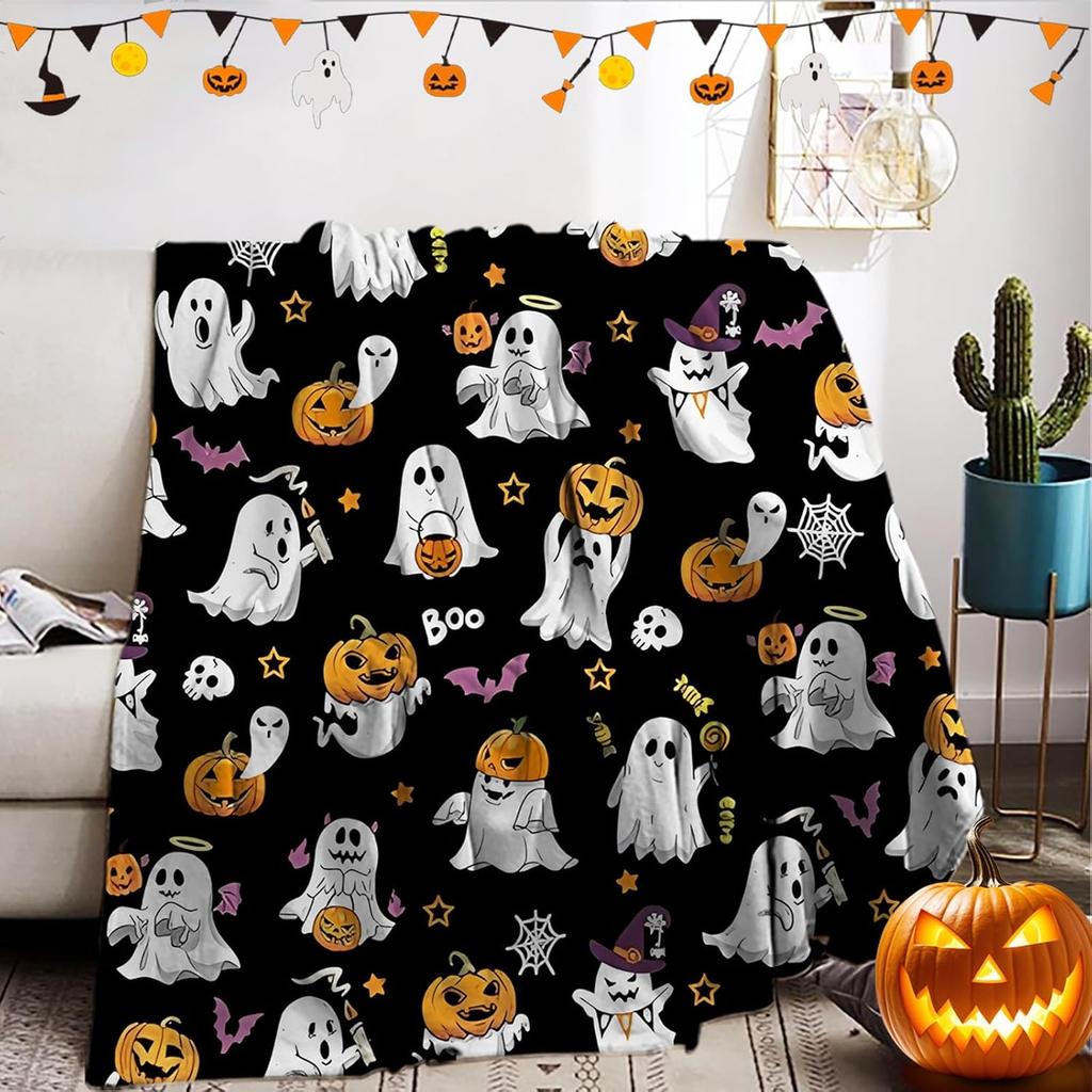 Halloween Pumpkin Bat Witch Hat Flannel Throw Blanket, Spooky Ghost Spider Web Print Soft Warm Blanket for Sofa Bed Holiday Home Decor Gift