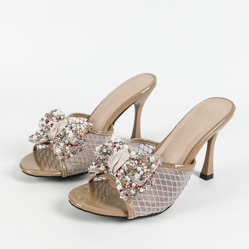 Liyke Brand Design Color Crystal Pearl Bowknot High Heels Slippers Lady Mules Summer Shoes Women Party Dress Sandals Size 43