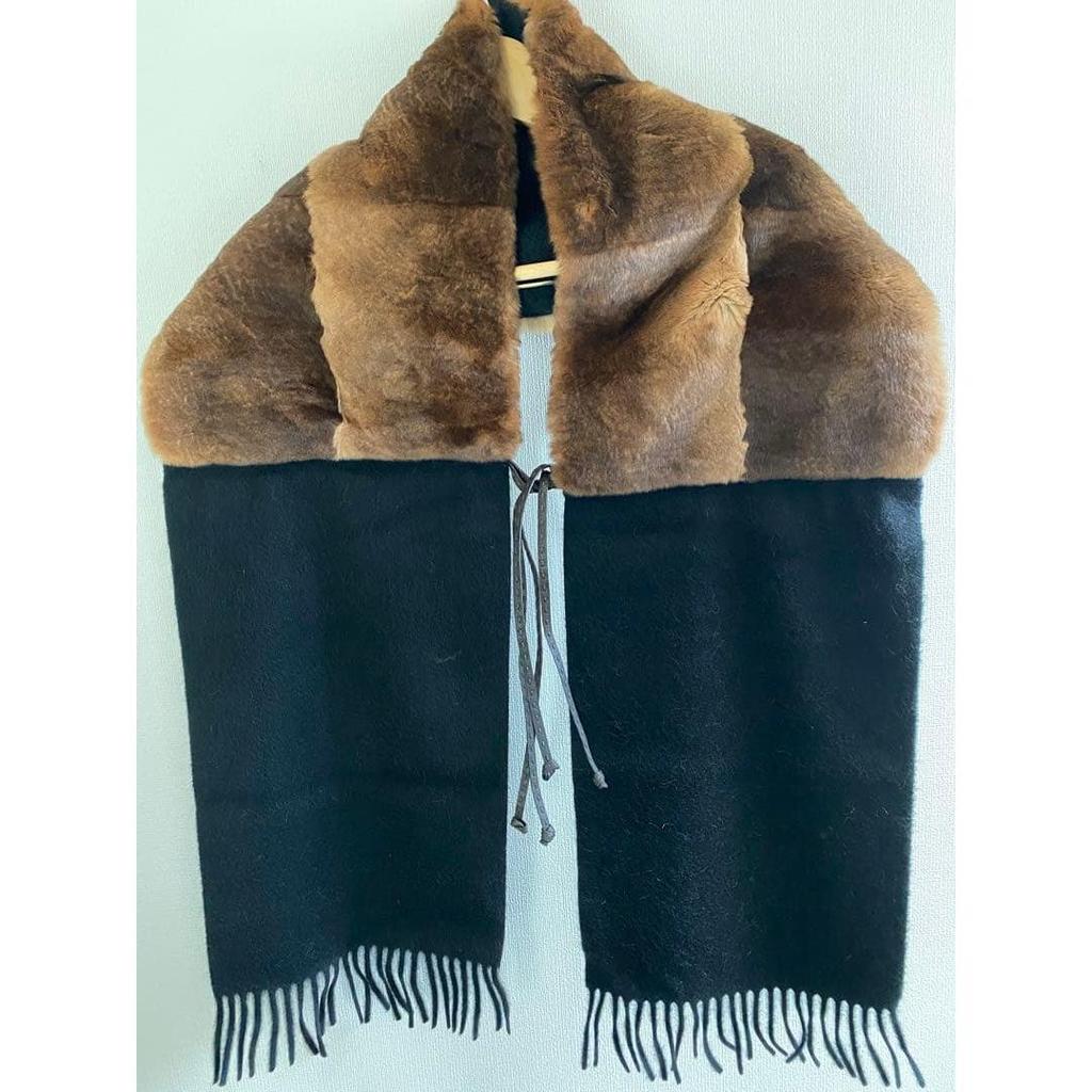 Б/у Шарф-платок FENDI из меха и кашемира, цвет коричневый/черный