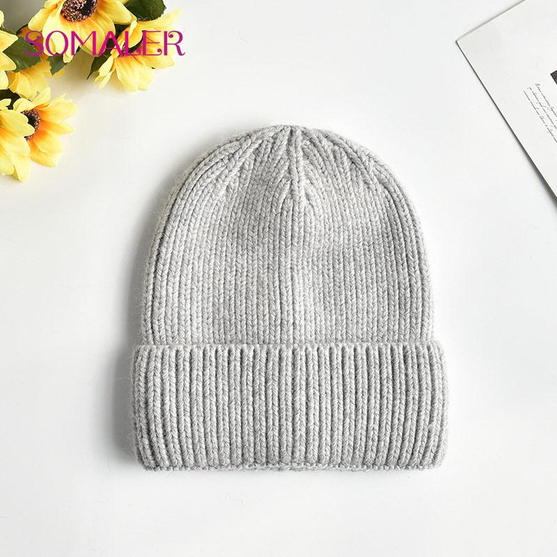 SOMALER Зимняя вязаная шерстяная шапка для девочек, женская модная пушистая теплая шапка-бини с манжетами, женская осенне-осенняя повседневная кепка