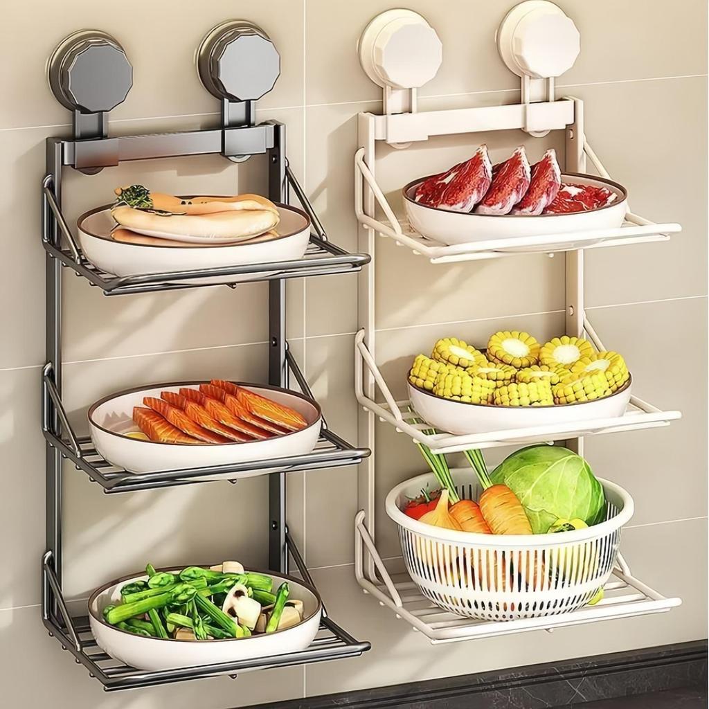 Kitchen Suction Cup Folding Storage Rack Household Multi-Layer Pot Rack Wall Mounted Storage Rack Carbon Steel Material