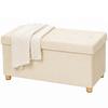 Velvet Upholstered Foldable Ottoman Footrest, Storage Ottoman Bench with Wood Legs for Living Room, Cream White