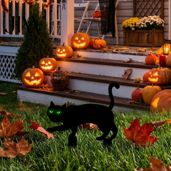 Creepy Lawn Decorations Halloween Garden Stake, Black Cat Yard Sign with Glow-in-the-dark Party Decor Eyes, Waterproof Spooky Ghost Silhouette