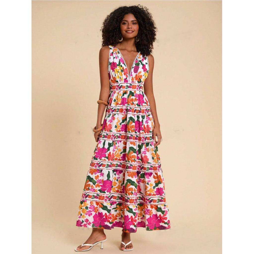 Женское повседневное летнее платье-майка с V-образным вырезом без рукавов, макси-платье с цветочным принтом, бохо, струящиеся миди-трапеции, пляжные сарафаны для отдыха для женщин