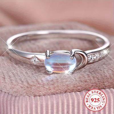 Настоящее кольцо из стерлингового серебра S925 с луной и звездами для женщин, овальное кольцо с лунным камнем, обручальное кольцо для невесты, подарок на годовщину