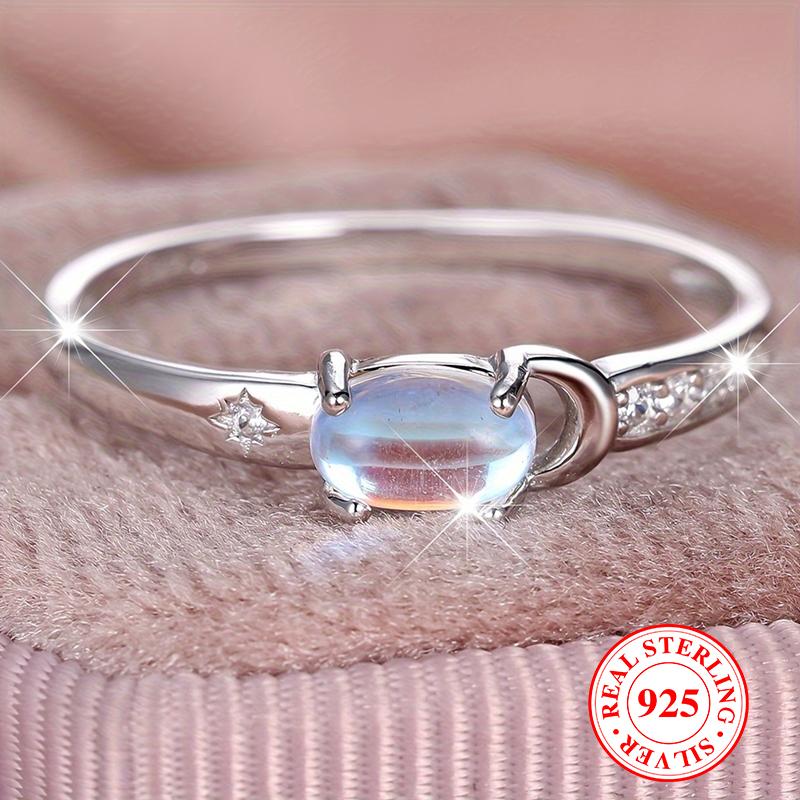 Настоящее кольцо из стерлингового серебра S925 с луной и звездами для женщин, овальное кольцо с лунным камнем, обручальное кольцо для невесты, подарок на годовщину