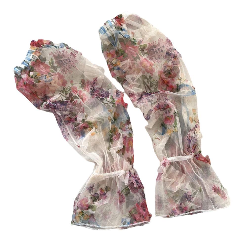 Sweet Chiffon Sunscreen Arm Covers Flower Cycling Gloves Breathable Chinese Style Sleeves Women