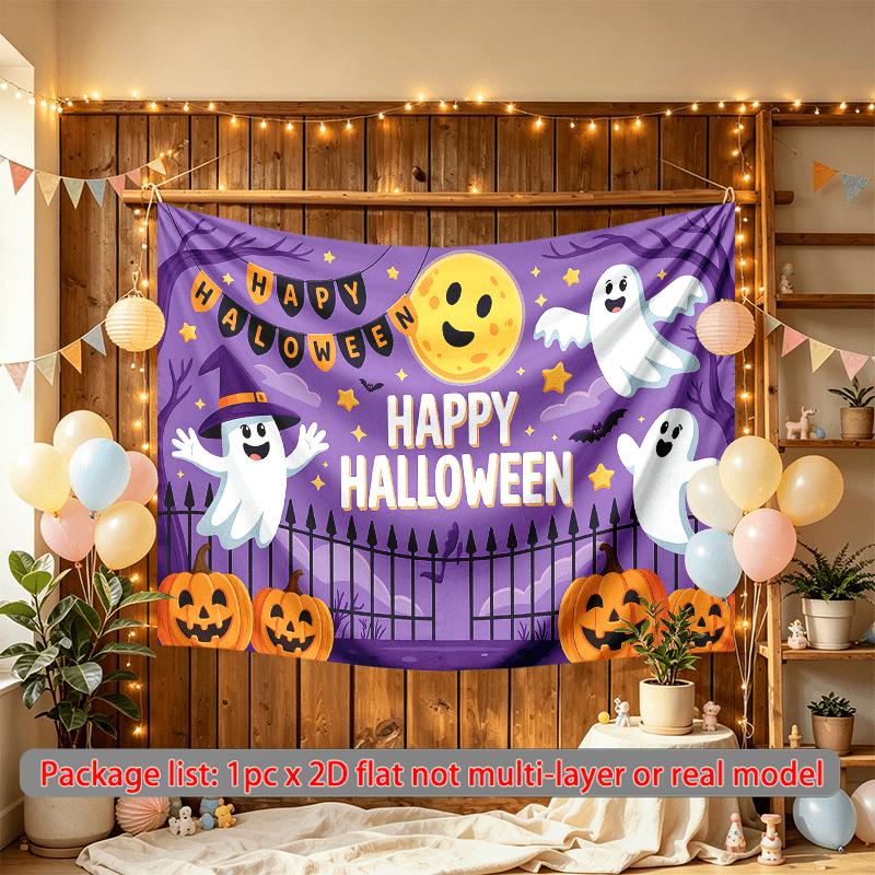 Witch Hat Pumpkins Ghosts Backdrop for Halloween Party, Polyester Banner for Wall Decor & Photo Background