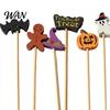 Bamboo Fruit Skewers 100PCS Disposable Cocktails Tags, Halloween Pumpkin Ghost Bat Decor Labels Skewers, Sharp Tip Party Picks for Fruits Snacks Cakes