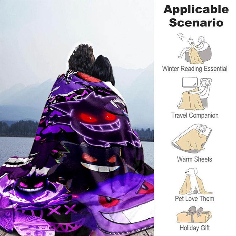 1pc Blanket Pokémon Gengar Print Design, Lightweight Blanket for Sofa, Bed- Soft &Warm, Gift for All Seasons like Christmas, Halloween