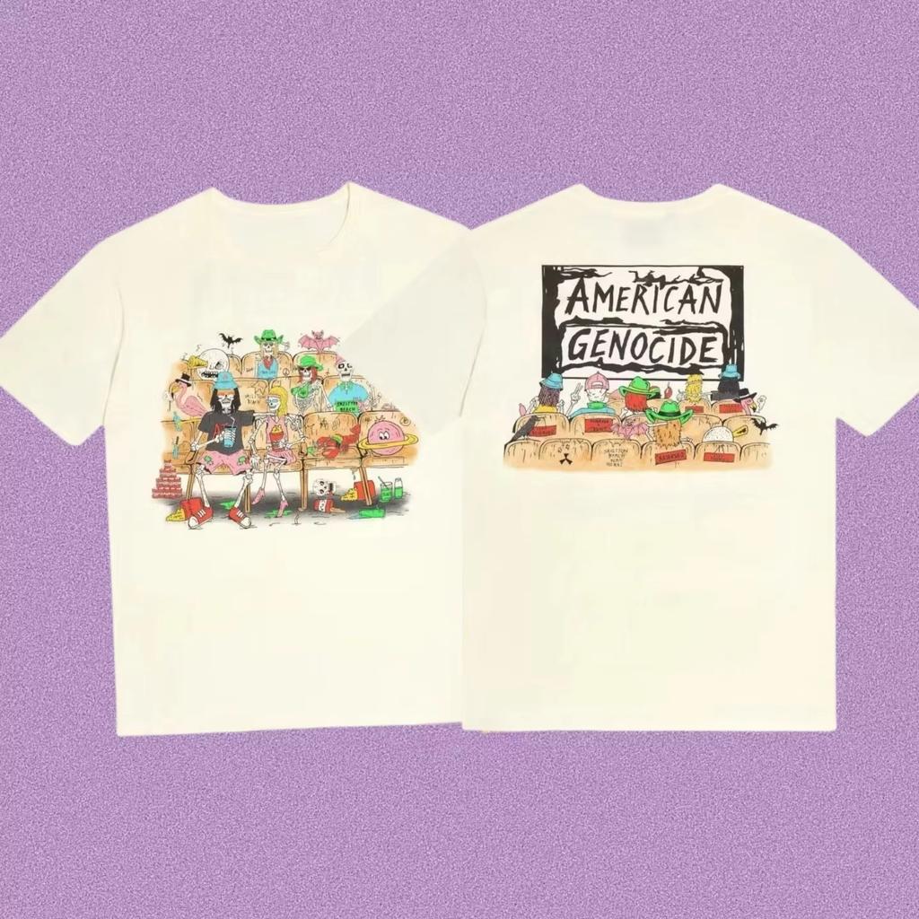 New Roundneck Cartoon Group Portrait Retro Scene Pattern Unisexs and Womens Casual ShortSleeved TShirt