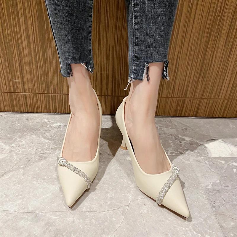 Модные модные туфли на тонком каблуке с кристаллами, женские туфли-лодочки с острым носком из искусственной кожи, женские туфли на высоком каблуке со стразами, новые