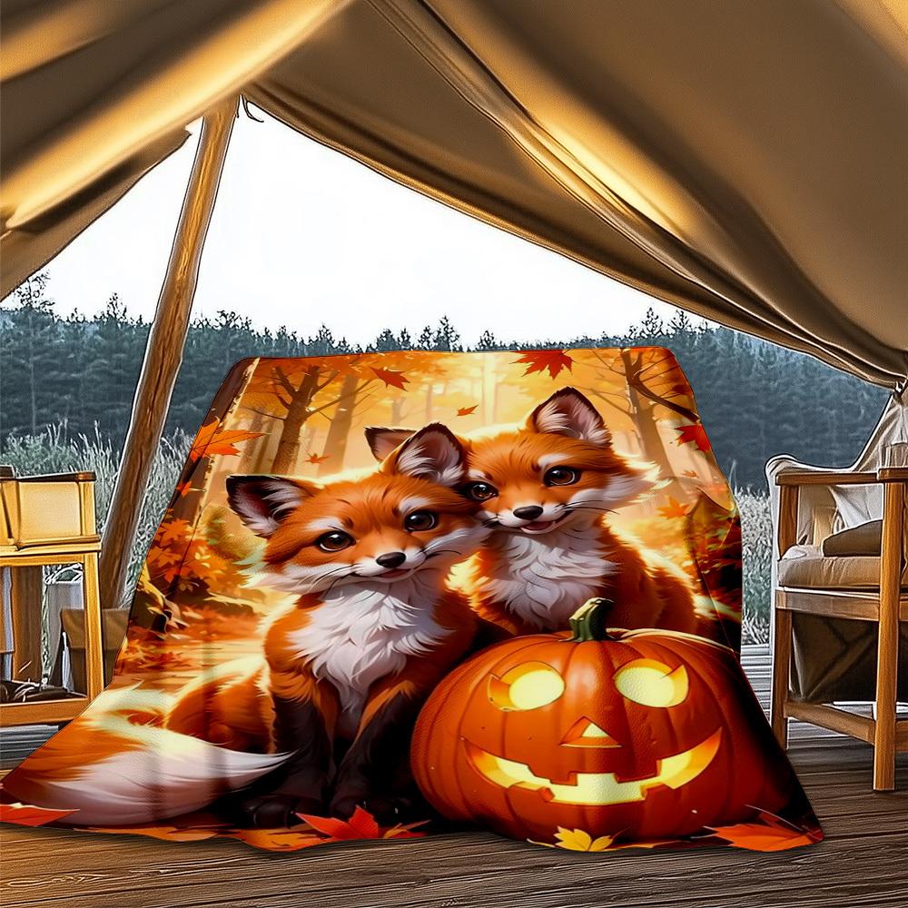 1pc Autumn Foxes Pumpkin Throw Blanket Polyester Fiber, Lightweight Flannel, Soft & Warm, All Season Use for Outdoor, Camping Digital Print