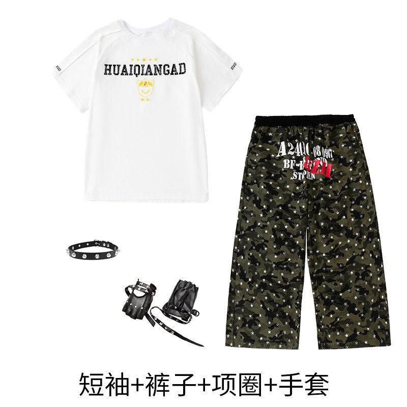 Kids Hip Hop Dance Outfit Set Boy Girl Loose Streetwear Performance Costume Cotton Short Sleeve Top Camo Pants