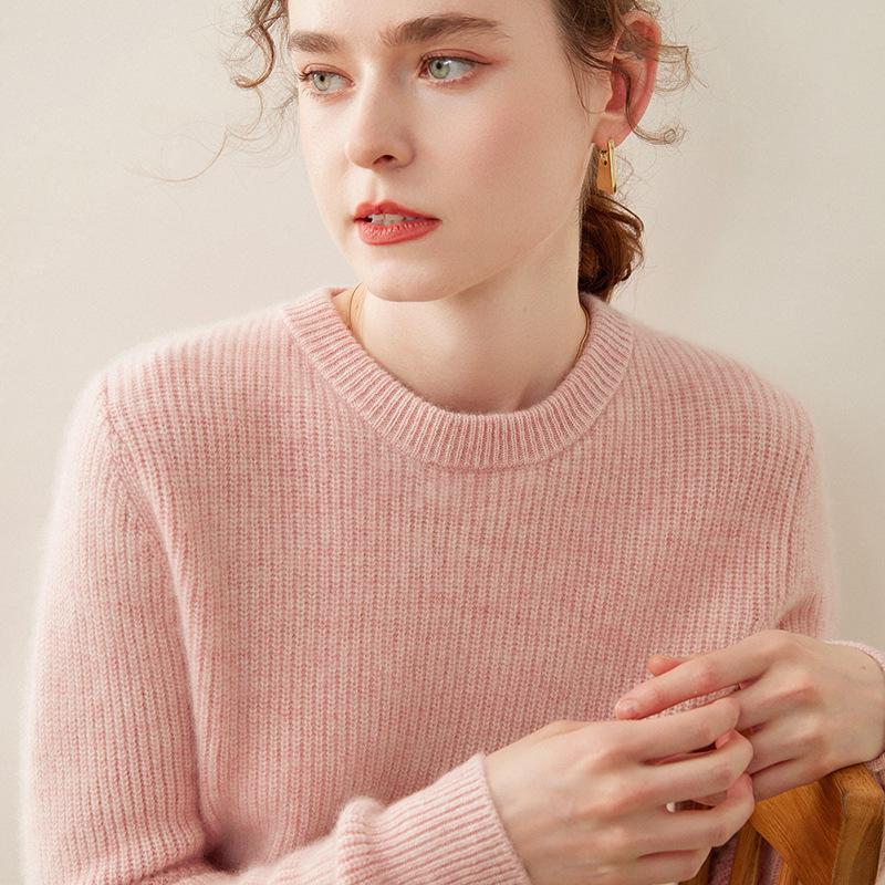Autumn/Winter 2024 Women's Cashmere Knit Ribbed Sweater – Loose, Slimming, Round Neck Base Layer Top