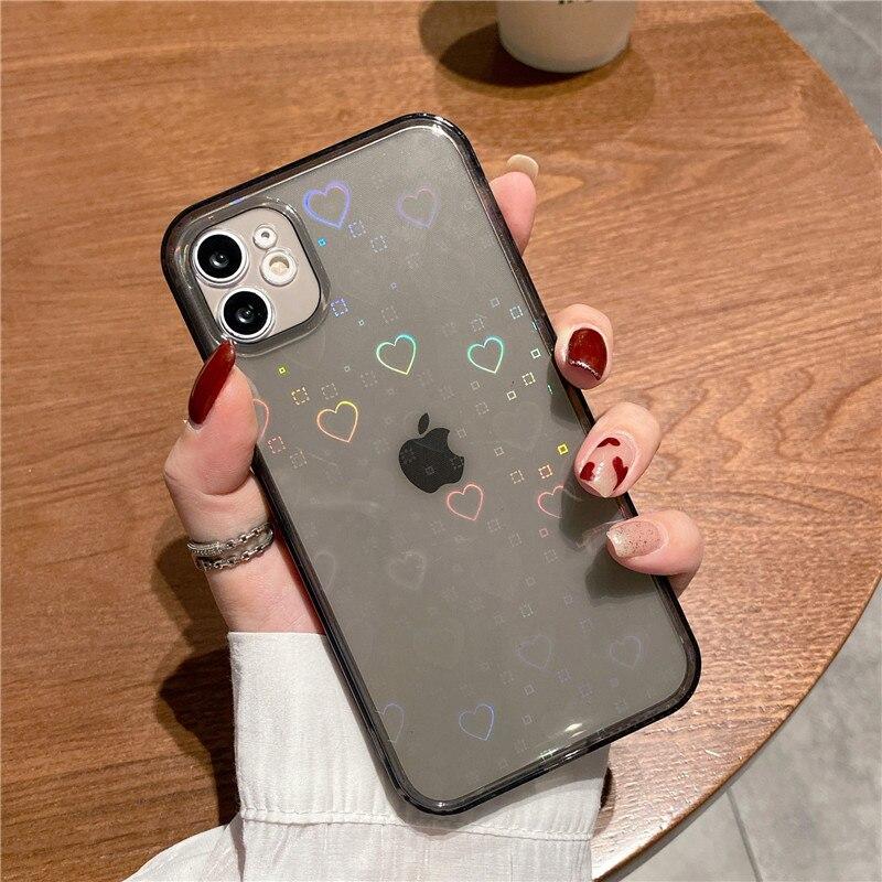 Fashion Gradient Laser Love Heart Leaf Pattern Case For iPhone 13 11 12 14 15 Pro Max X XS XR 7 8 Plus SE 2020 Clear Cover With Hearts