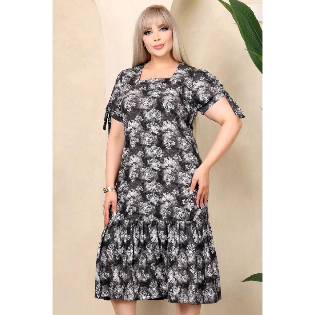 Square Neckline Butterfly Pattern Short Sleeve Shoulder Window With Ruffle Knee Midi Length Wash Flexible Dress