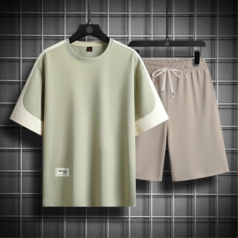 Летние черно-белые спортивные костюмы для мужчин, футболка с рукавами + шорты, спортивная одежда, спортивный костюм