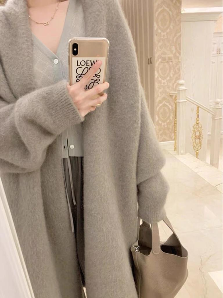 Модный супер красивый свитер женский осенне-зимний ленивый гонконгский стиль ретро шик средней длины длинный вязаный кардиган пальто