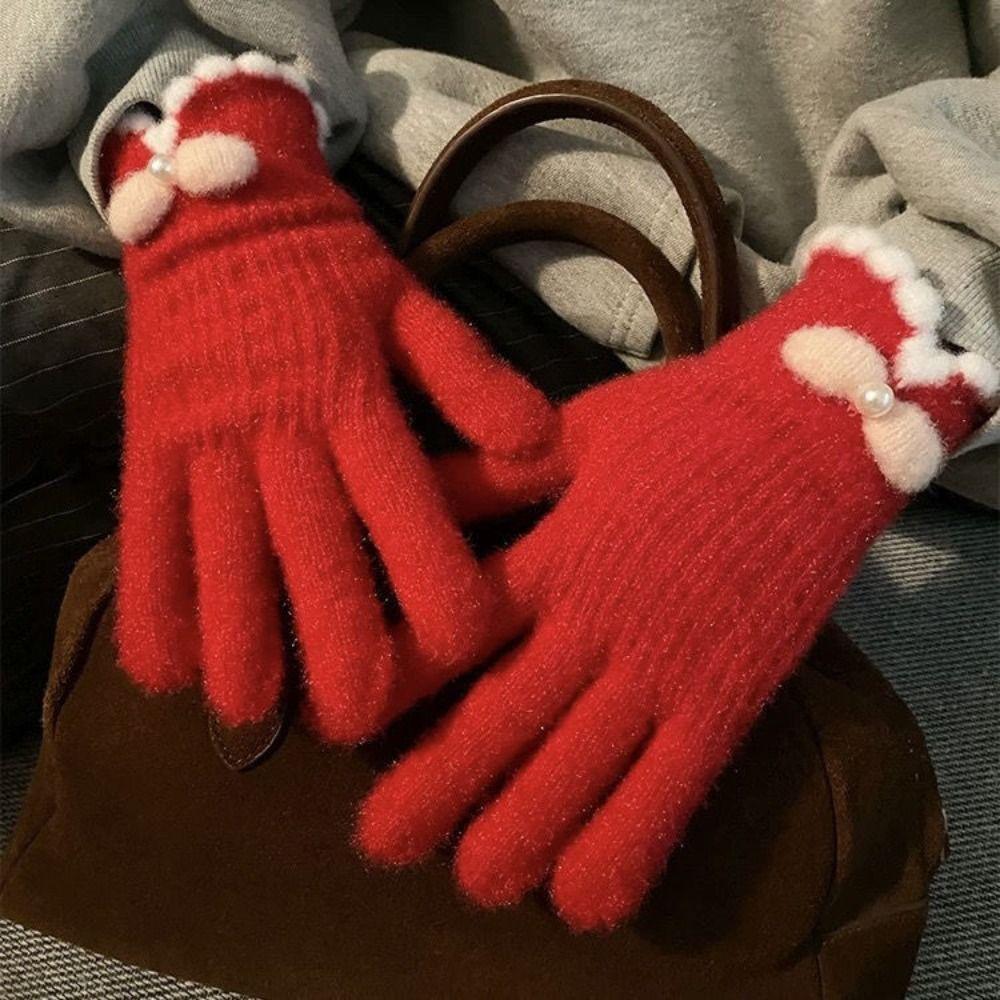 Full Finger Women Winter Warm Gloves Candy Colors Bow-knot Warm Riding Gloves Windproof Elasticity Outdoor Skiing Gloves