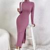 Модное облегающее сексуальное платье миди с боковым разрезом, женское, осень-зима, однотонное, водолазка, облегающее платье, длинный рукав, эластичные трикотажные платья