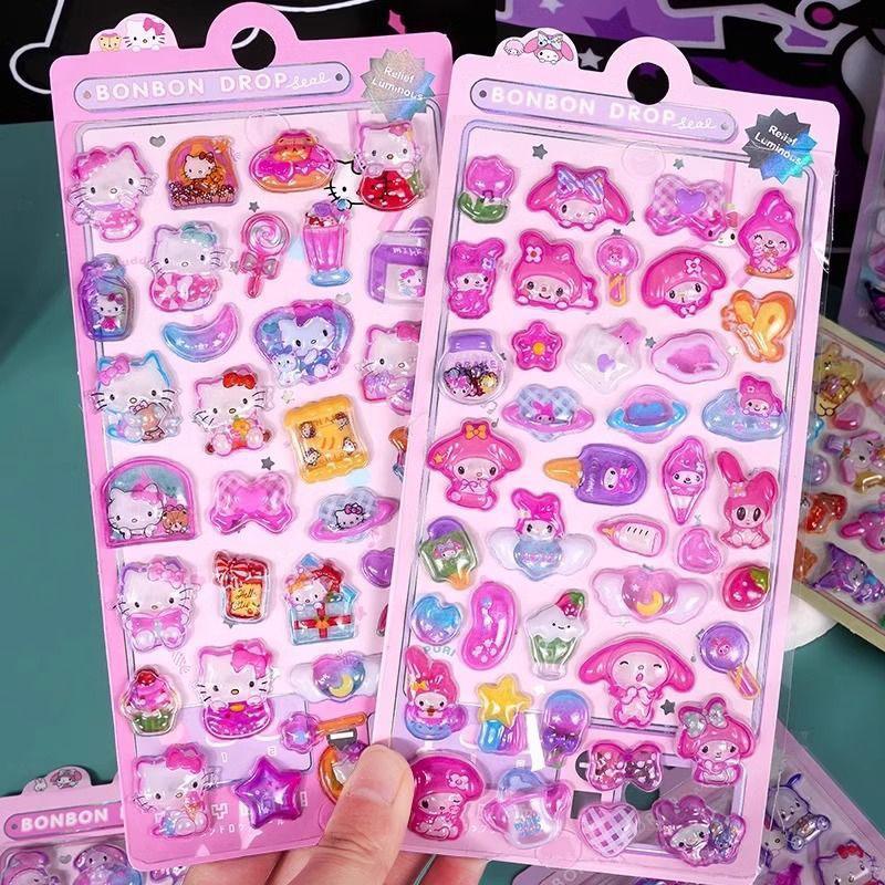 3D Наклейки Hello Kitty Объемные Melody Кристальные Kawaii Kuromi Светящиеся Cinnamoroll Наклейки Декали Наборы для Декора Детей подарок
