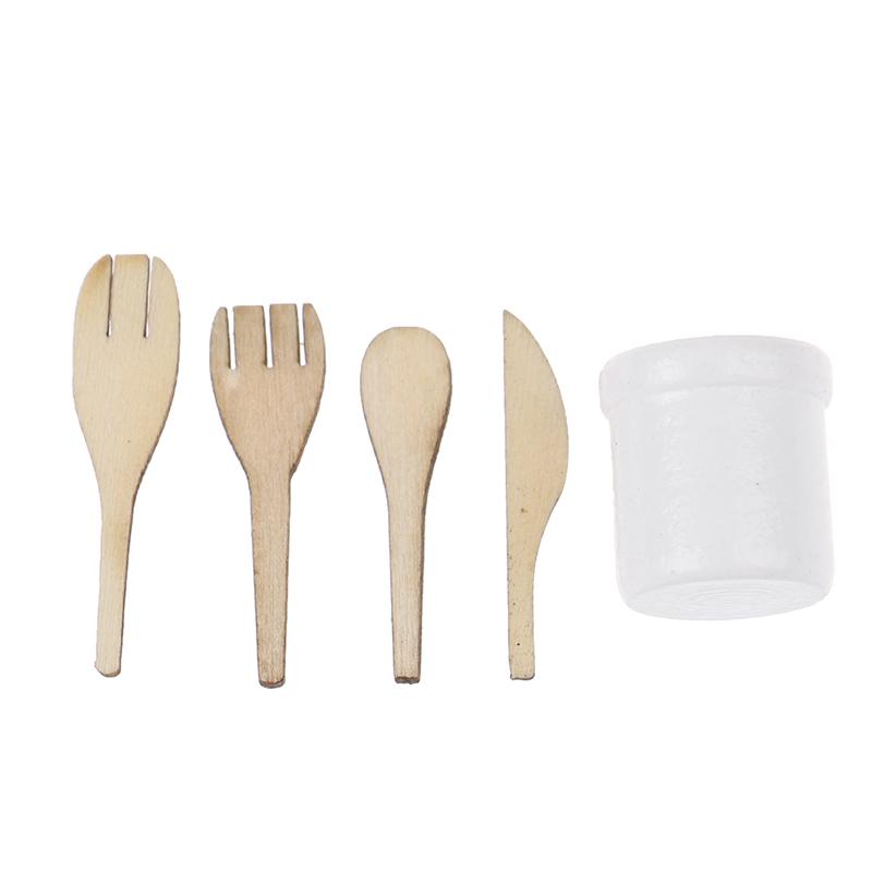 1:12 кукольных мини-деревянных лопаточек, ножей, вилок, венчиков, банок, набор для декора кукольной кухни