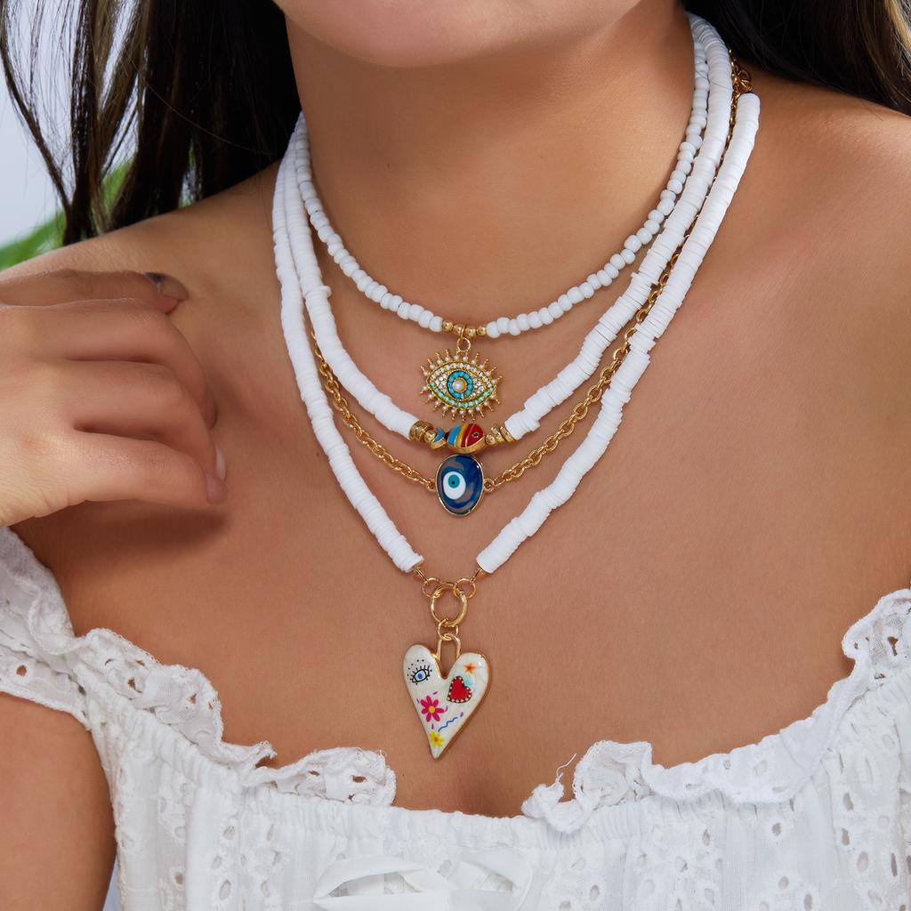 4pcs Lucky Blue Evil Eye Pendant Necklaces Set for Women Bohemian Colorful Heart Multilayer Beaded Necklaces Stacked Jewelry