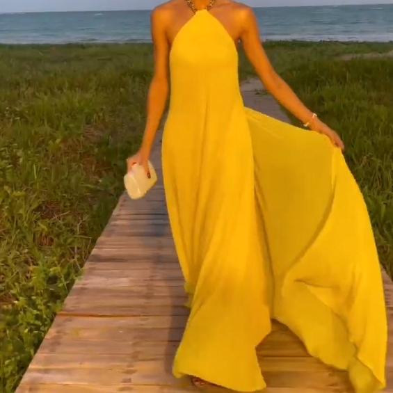 IHUASU Летнее сексуальное однотонное платье с бретелькой на шее, открытой спиной и длиной до пола