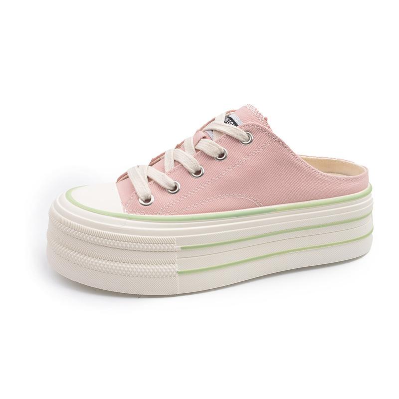 Туфли Muffin толстые низкие белые женские 2025 новые модные универсальные однопедальные увеличивающие рост и тонкие повседневные парусиновые тапочки