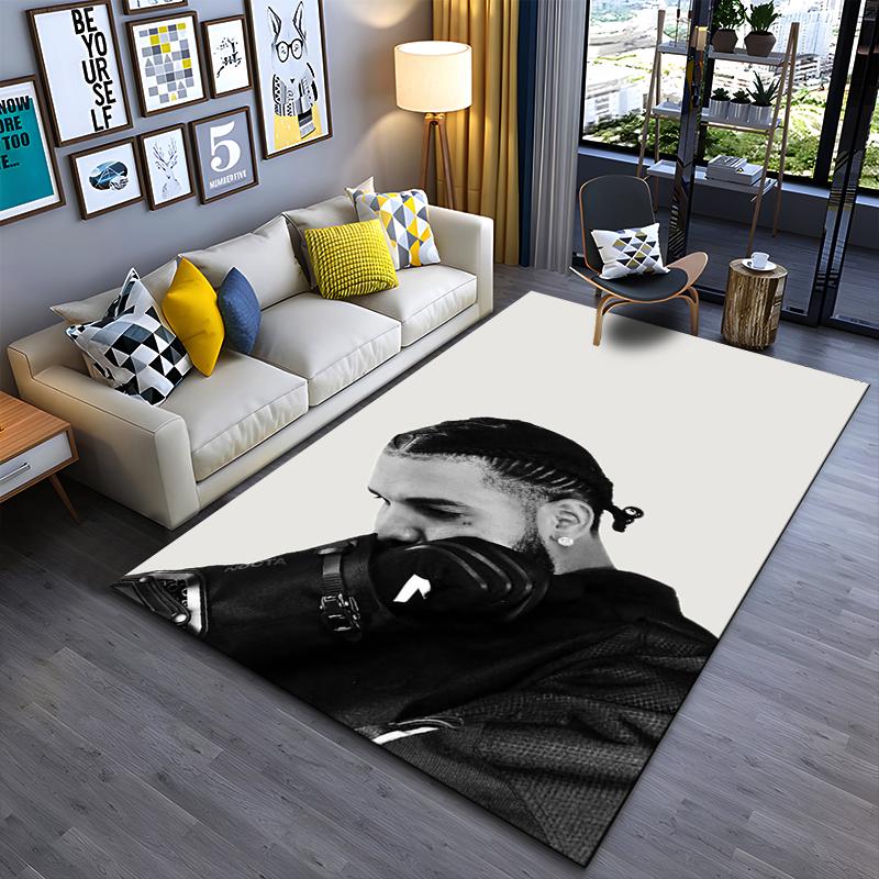 Area Rug, Drake Rapper B&W Braids Profile Nocta Jacket Minimalist Print, Man Cave Decor, Non-Slip Mat