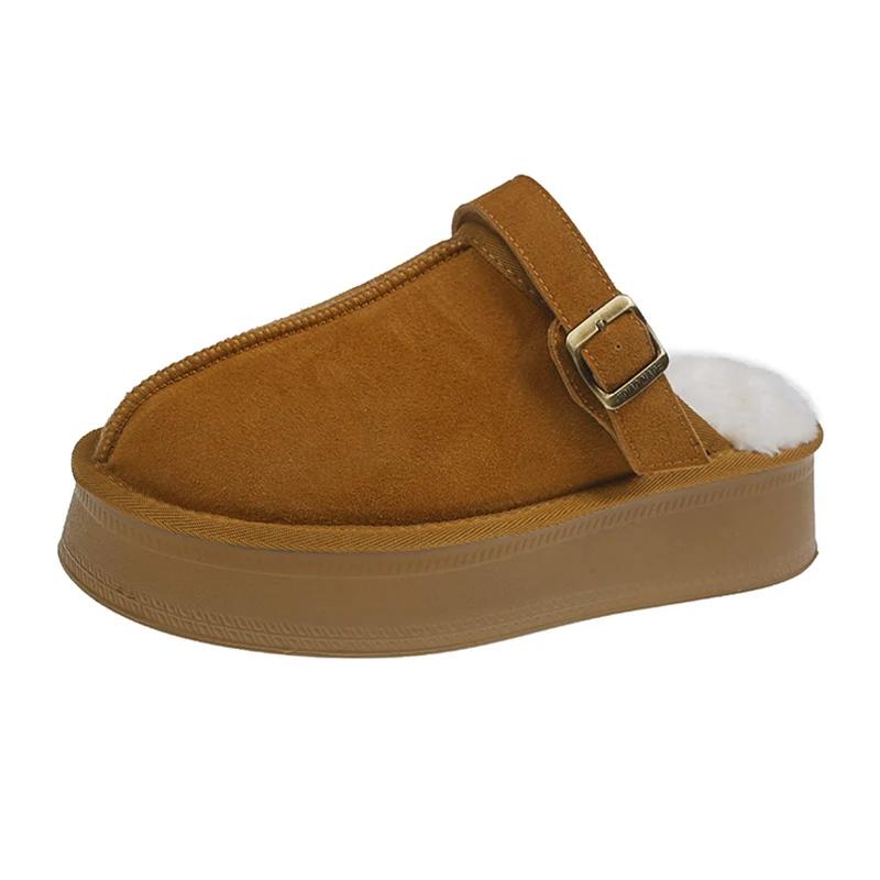 Замшевые женские хлопковые тапочки на платформе, дизайнерские короткие плюшевые повседневные туфли на плоской подошве, модные теплые зимние туфли-мюли 2025 года для снега