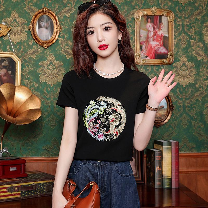 Новая китайская футболка с короткими рукавами для женщин, летняя новая женская хлопковая футболка с круглым вырезом, легкая китайская футболка с вышитым драконом в тяжелом промышленном стиле