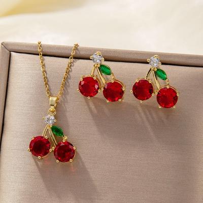 Серьги-подвески с красным цирконом в виде фруктов и вишни, ожерелье для женщин, новая модная тенденция, цепочка на ключицы, набор ювелирных изделий, подарки