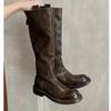 Cowhide Version ~ Retro Pleated Thick-soled Long Knight Boots Women's Slim Leather High Boots