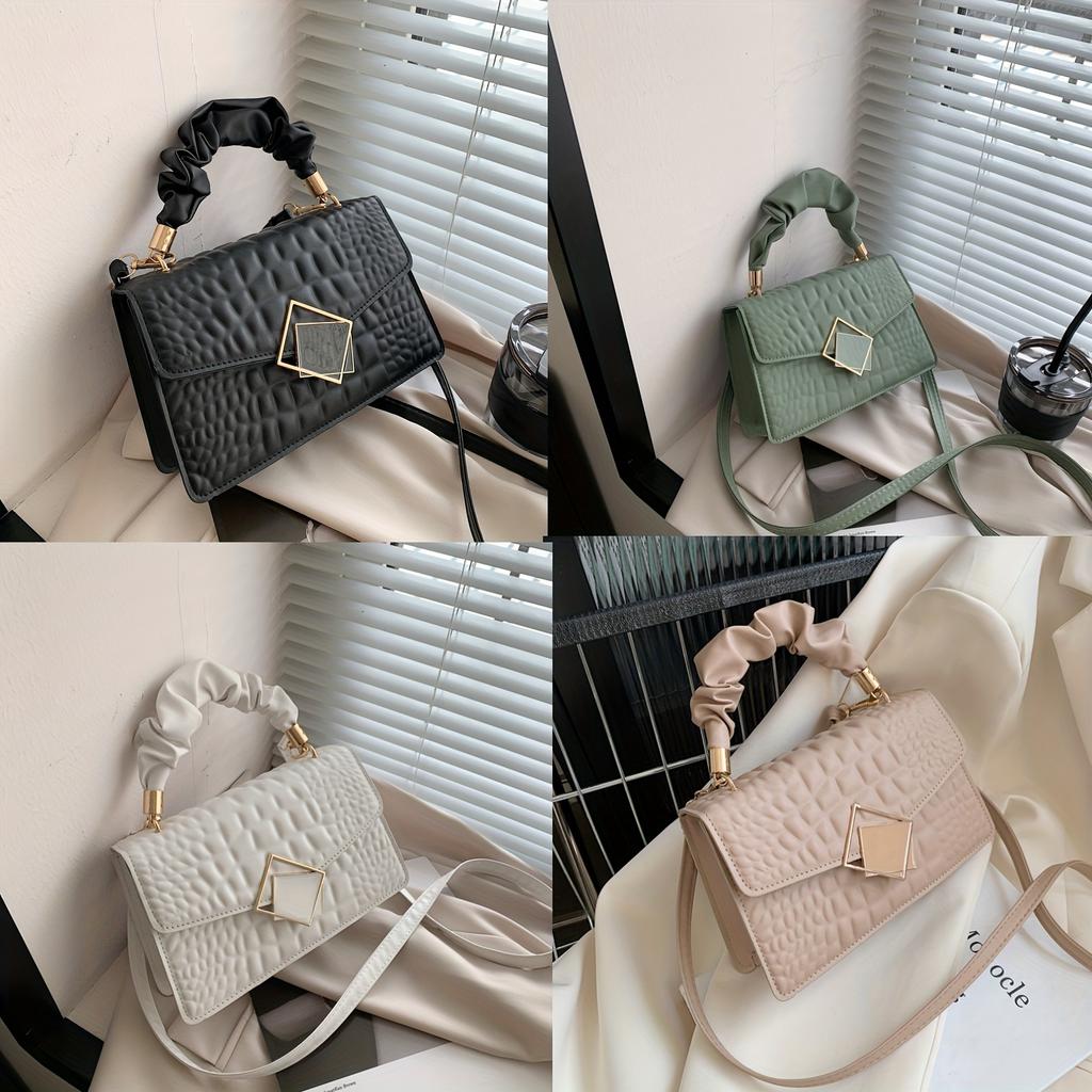 Trendy Crocodile Pattern Handbag, Top Ruched Handle Square Wallet for Women, Solid Color Textured Bag