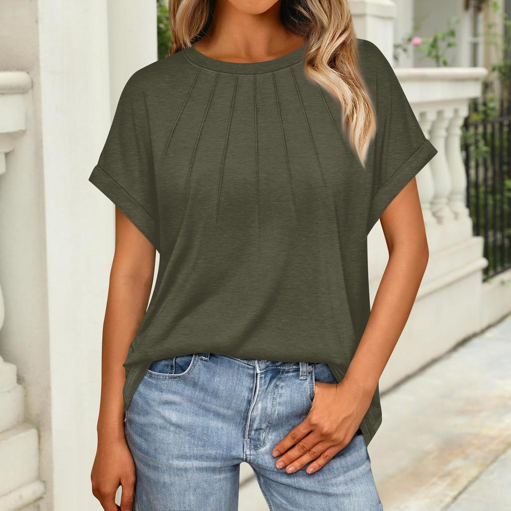 Women's Fashion Loose Casual Summer T-Shirt Pleated Short Sleeve Solid Color Top